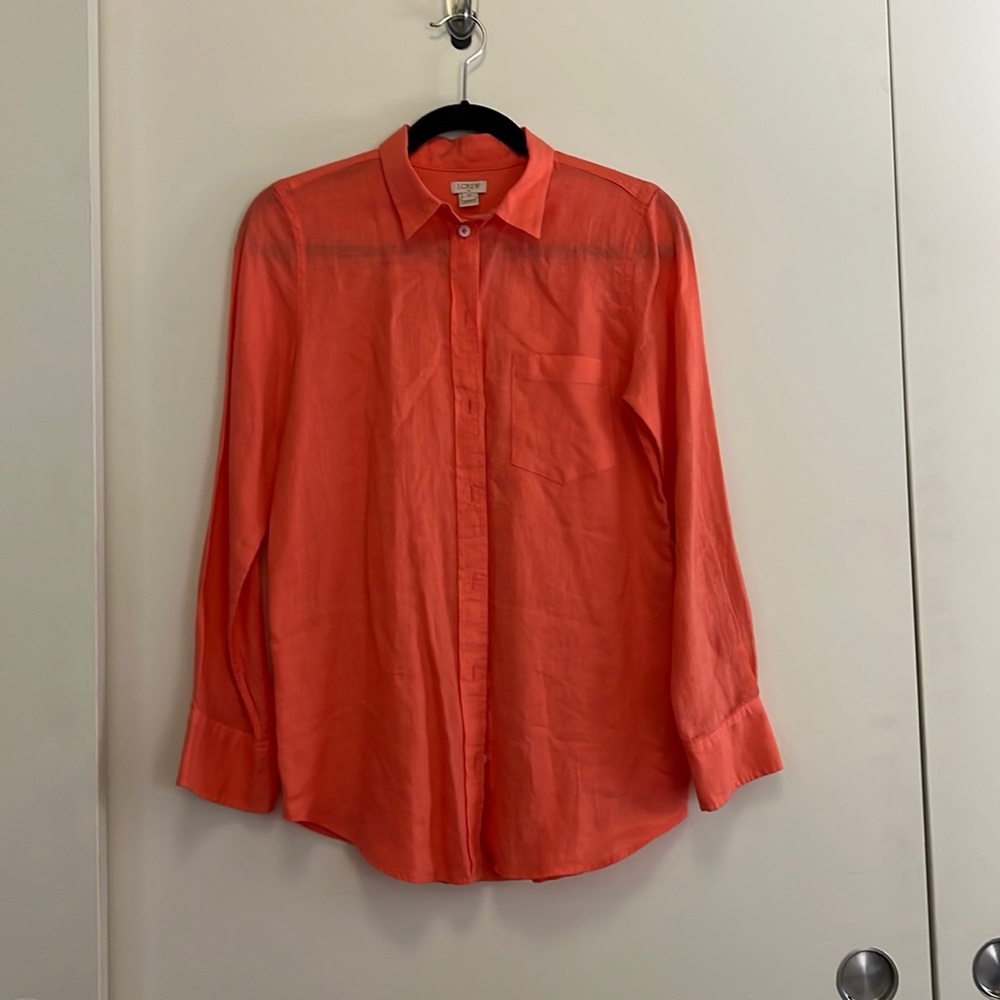 Coral linen long sleeve button up, loft xs